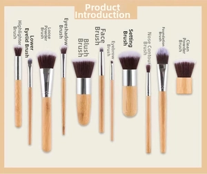 Detailed arrangement of 11 bamboo handle makeup brushes with two-tone synthetic fiber bristles