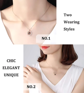 Detailed view of the rose gold projection necklace showing two unique wearing styles on a model