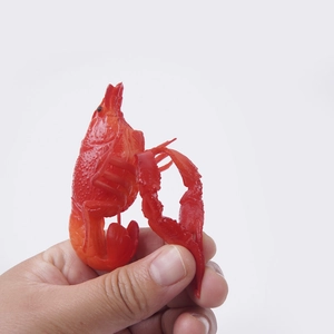 Modello di aragosta realistica rosso vivido tenuto in mano per scala di misura