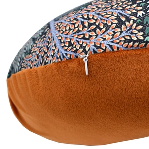 Detail of hidden zipper on floral and orange plush nursing pillow cover fabric
