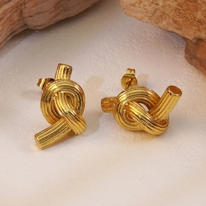 18K gold plated stainless steel knot earrings with a textured striped finish for women