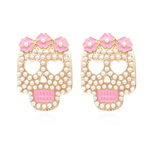Skull Stud Earrings Alloy Inlaid Imitation Artificial Pearl Pink Enamel Flower Heart Hollow Eye Exaggerated Day Of The Dead
