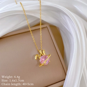 Pink gemstone rabbit necklace dimensions and weight 4.4g shown on elegant silk