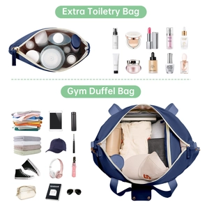 Detail showing navy gym duffel bag and toiletry kit set with large storage capacity