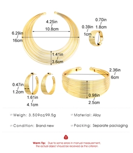 Detailed view of layered gold alloy jewelry set dimensions including collar and bracelet