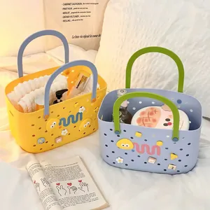 Portable Color Blocked Bath Basket Hollow Plastic Storage Tote Bag With Handles DIY Cartoon Charms For Shower Bathroom