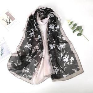 Elegant floral print chiffon scarf for women with black and beige stitching pattern