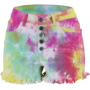 Detail of high waisted tie dye denim shorts with five buttons and frayed raw hem edge