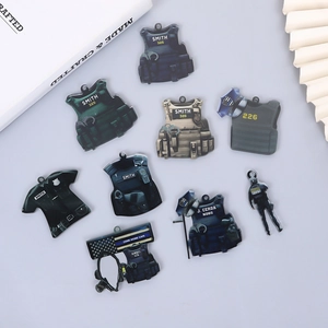 Detailed set of acrylic police tactical vest keychains with custom names and badges