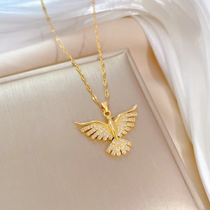 Titanium steel phoenix bird necklace with sparkling pavé crystals on elegant gold pendant