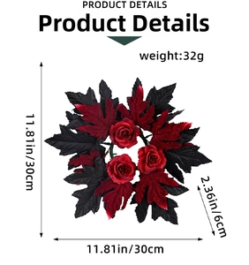 Detail showing red roses and maple leaves for a Halloween gothic candle wreath ornament