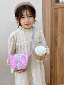 Cute purple girls crossbody bag with pink sequin wings and adjustable PU leather strap