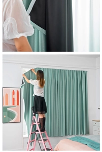 Close-up of light green blackout curtain with velcro design and thick black lining