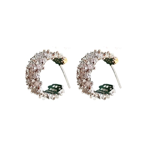 Sparkling silver C-shaped stud earrings with micro-paved white cubic zirconia stones