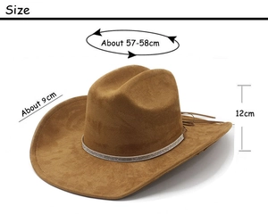 Detailed size chart for brown faux suede cowboy hat with dimensions and silver rhinestone trim