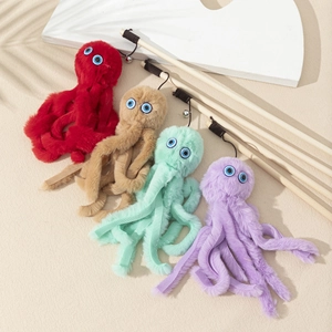 Plush octopus cat wand set with wooden poles in red, green, khaki, and purple