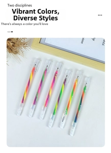 Close-up of set of six transparent rainbow pens with multi-color spiral ink refills