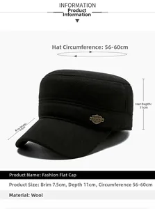 Detailed sizing chart for men's wool flat cap showing brim depth and circumference measurements