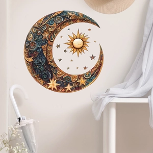 Artistic moon and star wall sticker with colorful relief patterns for home decor