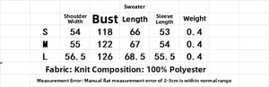 Size chart for V-neck lace sweater showing shoulder, bust, length and sleeve measurements