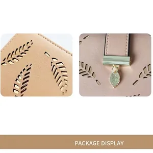 Elegant beige laser-cut wallet for women featuring leaf hollow patterns and metal pendant