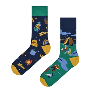 Close-up of cotton socks with asymmetric camping jacquard pattern and rib knit cuffs