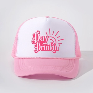 Detail of Day Drinkin print on pink and white mesh trucker hat with sun design