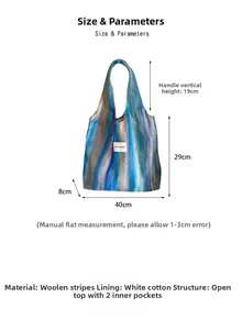 Tableau des tailles détaillé du sac en laine rayé avec les mesures exactes du sac