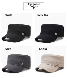 Detail view of four colors of breathable cotton flat top cadet caps with metal anchor buckle