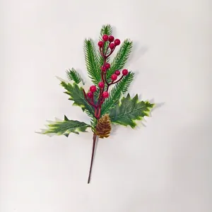 Artificial Christmas holly berry pick with pine needles and cones, 28cm length