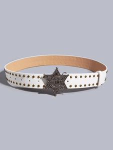 Detail of white PU leather belt with gold rivets and sheriff star buckle
