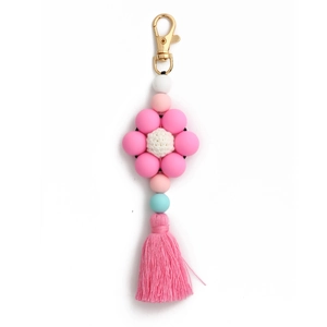 Pink and blue silicone bead flower keychain with cotton tassel and golden lobster clasp