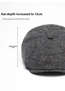 Detail of dark grey herringbone wool hat with 12cm depth for full coverage and fit