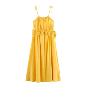 Yellow spaghetti strap smocked maxi dress with adjustable drawstring waist for resort wear