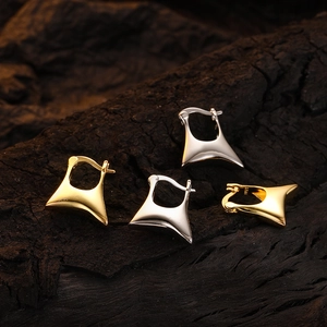 Minimalist S925 sterling silver hoop earrings in gold and silver finish on wood background