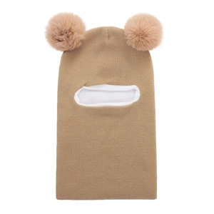 Close-up of baby knit balaclava hat with fluffy pom-pom ears and warm fleece lining