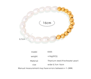 Close-up of titanium steel gold beads and freshwater pearl bracelet measuring 16cm in length