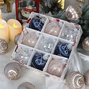 9-piece 8cm Christmas ball ornament set in blue, gold and transparent glitter finishes