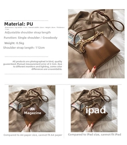 Detailed size view of brown PU leather bucket bag with metal chain and adjustable strap