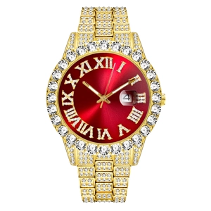 Luxury Men's Quartz Watch Full Iced Out Rhinestone Gold Plated Stainless Steel Roman Numerals Calendar Hiphop Fashion