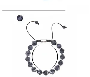 Detailed parameter view of 10mm faceted blue sandstone beads on adjustable woven bracelet