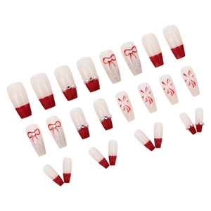 Lot 24 faux ongles rouges et blancs avec nœuds 3D perles et dégradé de paillettes
