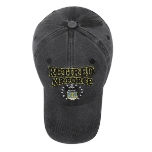 Washed vintage baseball cap with yellow Retired Air Force embroidery and star shield logo