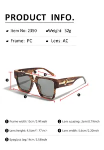 Detailed size chart for oversized square sunglasses featuring PC frame and AC lenses