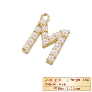 18K gold plated brass letter M pendant charm with embedded white pearls, 14mm height