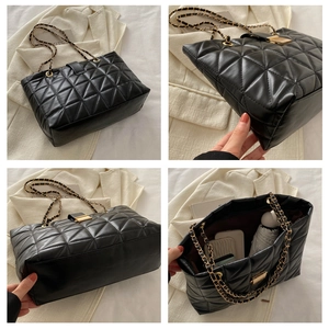 Detailed views of a black quilted tote bag with golden chain strap and interior space