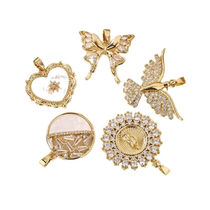 Five gold plated copper pendants with zircons and shells for DIY jewelry making