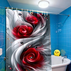 Waterproof polyester shower curtain featuring 3D red roses and silver silk swirl design