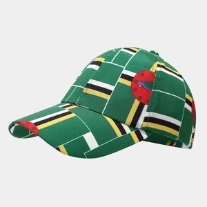 Detail of kids baseball cap featuring Dominica flag pattern and canvas texture