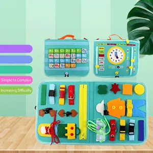 Montessori felt busy board for toddlers featuring clock, letters and life skill training
